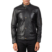 Men's Tea House Musta Nahkainen Biker-takki Miehille - Lateral Side Profile View Showing Sleeve Cut &amp; Athletic Taper Fit