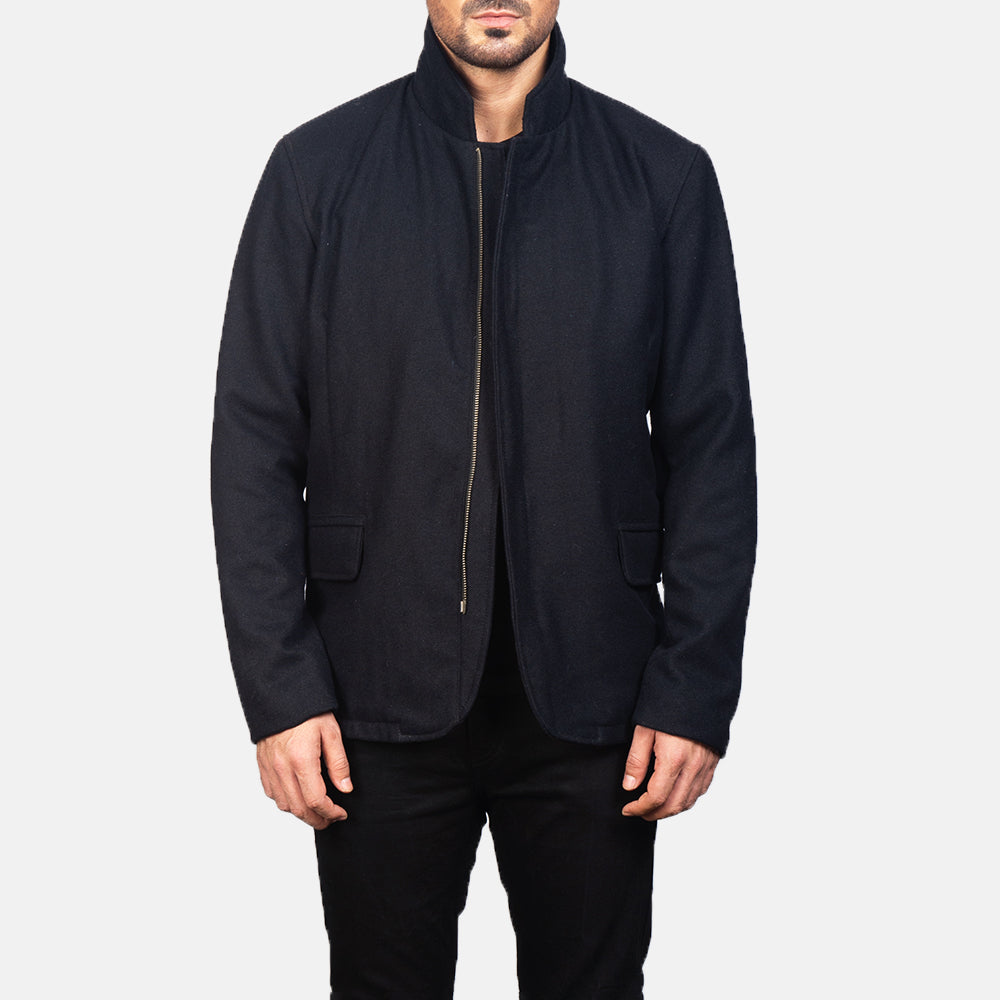 Men's Thomas Musta Wool Nahkatakki Miehille in Black Synthetic Wool - Front Profile View &amp; Tailored Silhouette | Buy Online