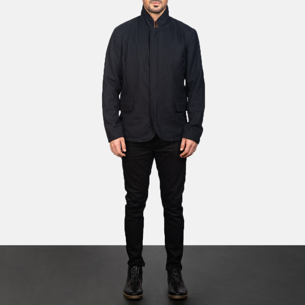 Men's Thomas Musta Wool Nahkatakki Miehille - Lateral Side Profile View Showing Sleeve Cut &amp; Athletic Taper Fit