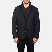 Close-Up Detail of Nehru &amp; Zipper with Dual Puller Hardware on Men's Thomas Musta Wool Nahkatakki Miehille