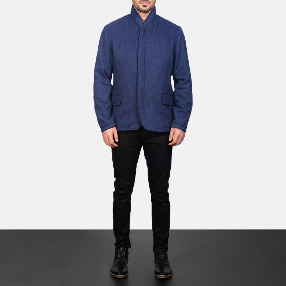 Men's Thomas Blue Wool Nahkatakki Miehille - Lateral Side Profile View Showing Sleeve Cut &amp; Athletic Taper Fit
