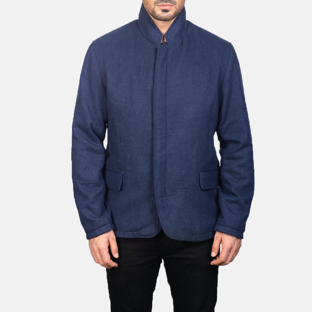 Close-Up Detail of Nehru &amp; Zipper with Dual Puller Hardware on Men's Thomas Blue Wool Nahkatakki Miehille