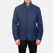 Close-Up Detail of Nehru &amp; Zipper with Dual Puller Hardware on Men's Thomas Blue Wool Nahkatakki Miehille