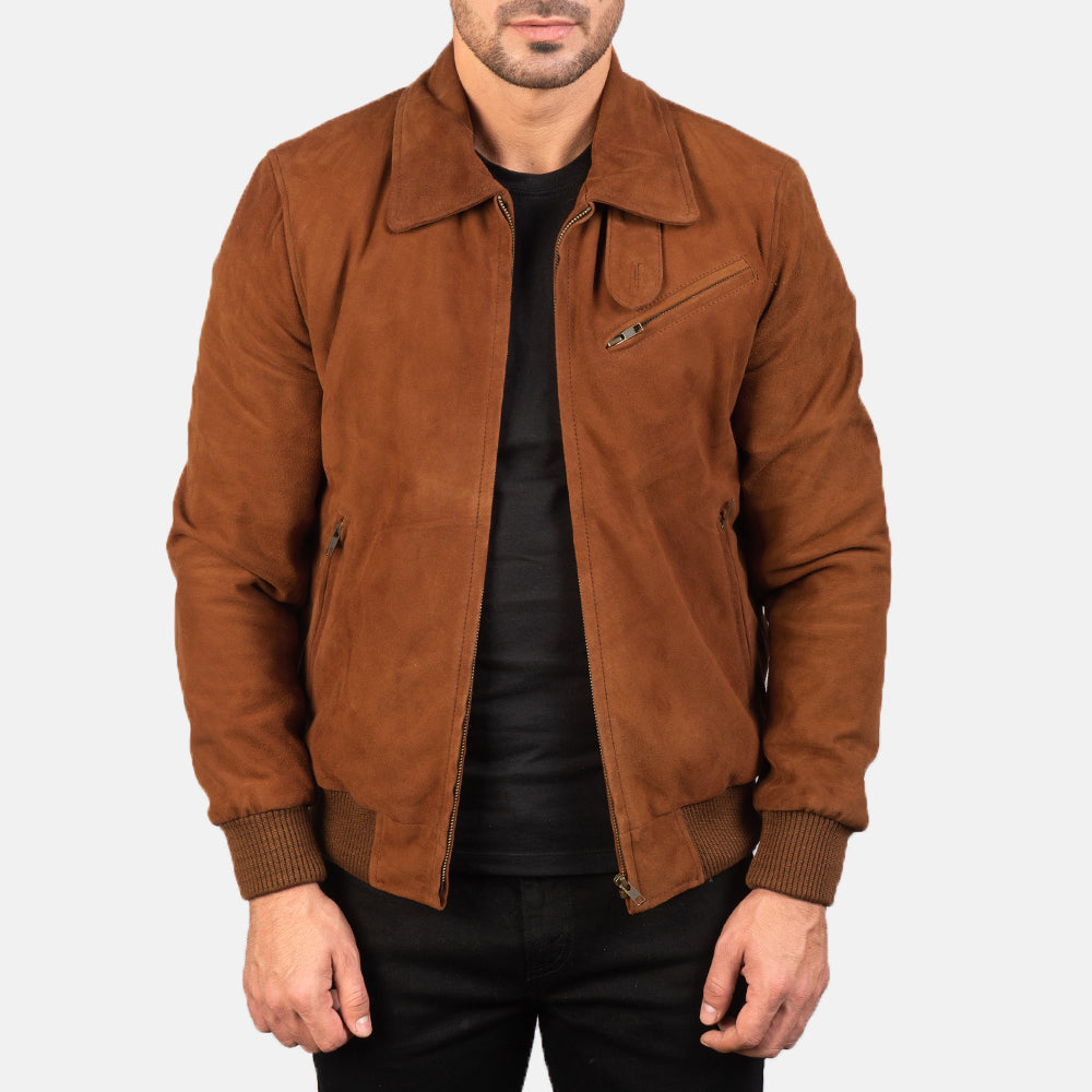 Men's Tomchi Vaaleanruskea Suede Nahkatakki Miehille in Brown Goatskin Suede - Front Profile View &amp; Tailored Silhouette | Buy Online
