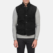Close-Up Detail of Notch with removable throat latch &amp; Button Hardware on Men's Tony Musta Suede Vest Miehille