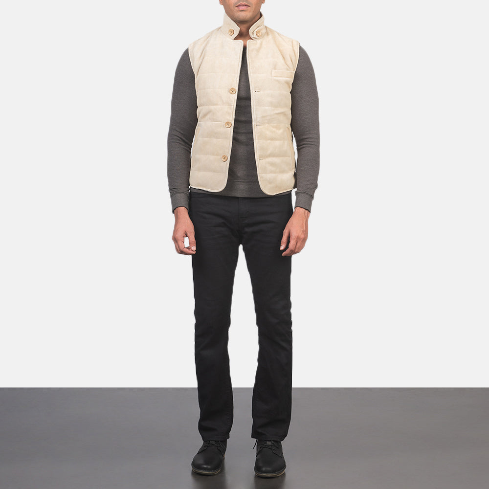 Men's Tony Off-White Suede Vest Miehille - Lateral Side Profile View Showing Sleeve Cut &amp; Athletic Taper Fit