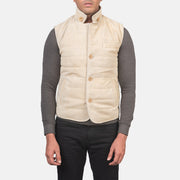 Close-Up Detail of Notch with removable throat latch &amp; Button Hardware on Men's Tony Off-White Suede Vest Miehille