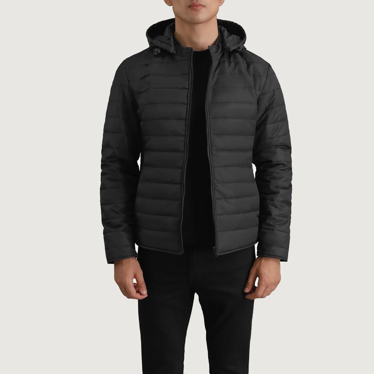 Tyler Musta Hooded Puffer Nahkatakki Miehille in Black Full-Grain Leather - Front Profile View &amp; Tailored Silhouette | Buy Online