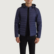 Tyler Blue Hooded Puffer Nahkatakki Miehille in Blue Full-Grain Leather - Front Profile View &amp; Tailored Silhouette | Buy Online
