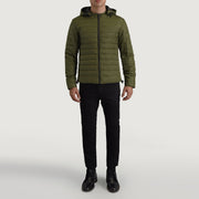 Tyler Green Hooded Puffer Nahkatakki Miehille - Lateral Side Profile View Showing Sleeve Cut &amp; Athletic Taper Fit