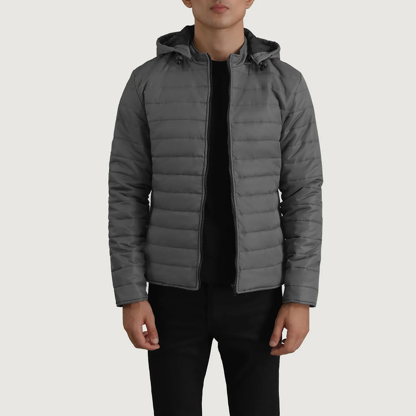 Tyler Grey Hooded Puffer Nahkatakki Miehille