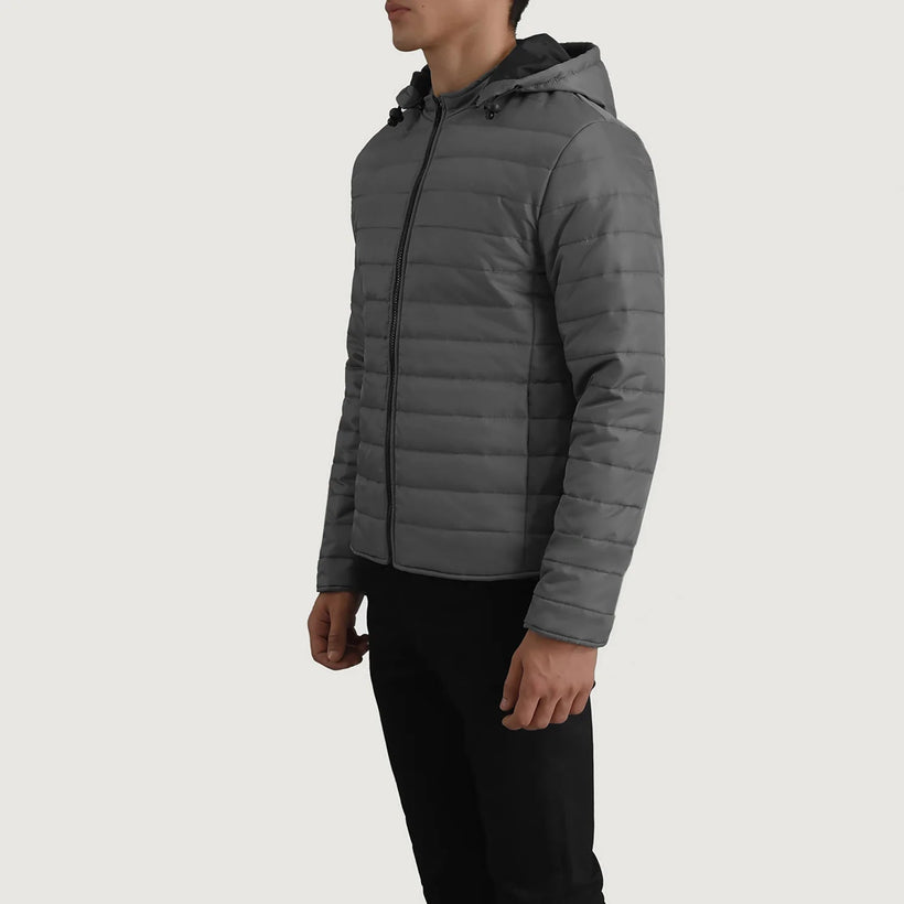 Tyler Grey Hooded Puffer Nahkatakki Miehille