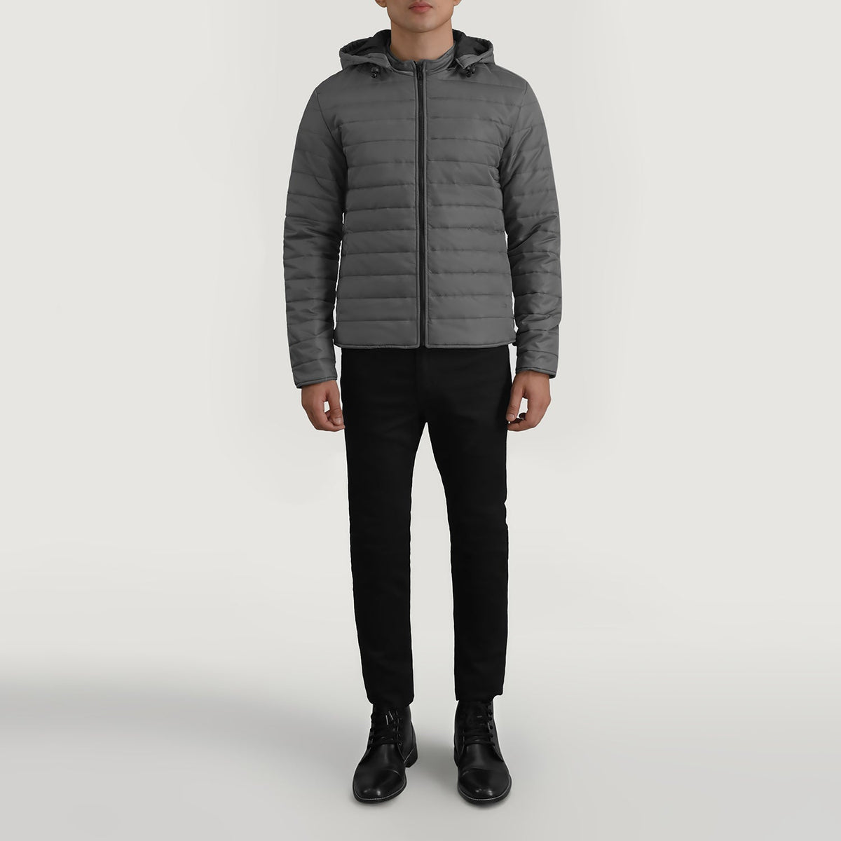 Tyler Grey Hooded Puffer Nahkatakki Miehille - Lateral Side Profile View Showing Sleeve Cut &amp; Athletic Taper Fit