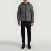 Tyler Grey Hooded Puffer Nahkatakki Miehille - Lateral Side Profile View Showing Sleeve Cut &amp; Athletic Taper Fit