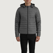 Close-Up Detail of Classic Collar &amp; Zipper Hardware on Tyler Grey Hooded Puffer Nahkatakki Miehille