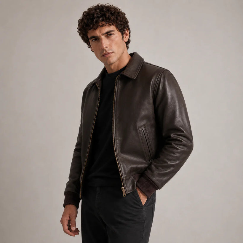 Dark Ruskea Sheepskin Nahkainen Pommitakki Miehille