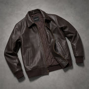 Tailored Rib Cuffs &amp; Hem Craftsmanship Construction Detail on Dark Ruskea Sheepskin Nahkainen Pommitakki Miehille