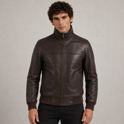 Dark Ruskea Sheepskin Nahkainen Pommitakki Miehille in Dark Brown Authentic Sheepskin &amp;Amp; Shearling - Front Profile View &amp; Tailored Silhouette | Buy Online