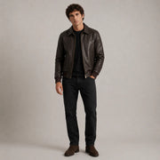 Dark Ruskea Sheepskin Nahkainen Pommitakki Miehille - Lateral Side Profile View Showing Sleeve Cut &amp; Athletic Taper Fit