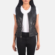 Women's Vanda Musta Leather Biker Vest Naisille in Black Goatskin Leather - Front Profile View &amp; Tailored Silhouette | Buy Online