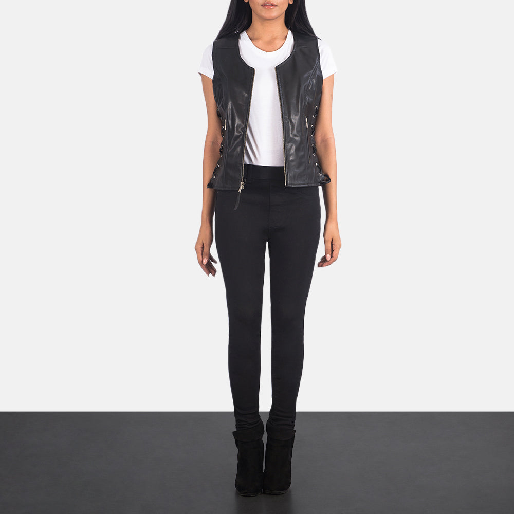 Women's Vanda Musta Leather Biker Vest Naisille - Lateral Side Profile View Showing Sleeve Cut &amp; Athletic Taper Fit