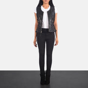 Women's Vanda Musta Leather Biker Vest Naisille - Lateral Side Profile View Showing Sleeve Cut &amp; Athletic Taper Fit