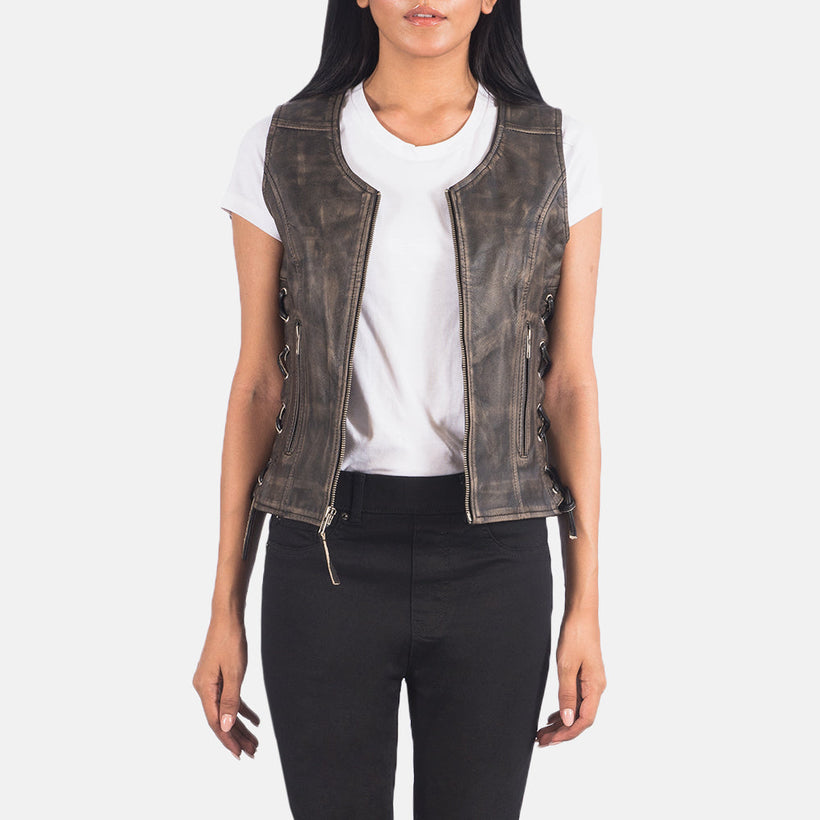 Vanda Distressed Ruskea Leather Biker Vest Naisille