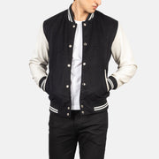 Men's Vaxton Musta &amp; White Hybrid Varsity Nahkatakki Miehille in Black &amp; White Sheepskin Leather - Front Profile View &amp; Tailored Silhouette | Buy Online