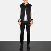 Men's Vaxton Musta &amp; White Hybrid Varsity Nahkatakki Miehille - Lateral Side Profile View Showing Sleeve Cut &amp; Athletic Taper Fit