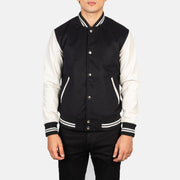 Close-Up Detail of Varsity &amp; Snap Buttons Hardware on Men's Vaxton Musta &amp; White Hybrid Varsity Nahkatakki Miehille