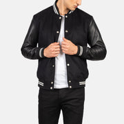 Men's Vaxton Musta Striped Hybrid Varsity Nahkatakki Miehille in Black Sheepskin Leather - Front Profile View &amp; Tailored Silhouette | Buy Online