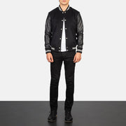 Men's Vaxton Musta Striped Hybrid Varsity Nahkatakki Miehille - Lateral Side Profile View Showing Sleeve Cut &amp; Athletic Taper Fit