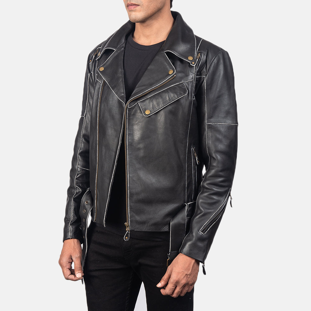 Distressed Vincent Musta Nahkainen Biker-takki Miehille - Back View Showing Tailored Shoulder Fit &amp; Clean Hemline