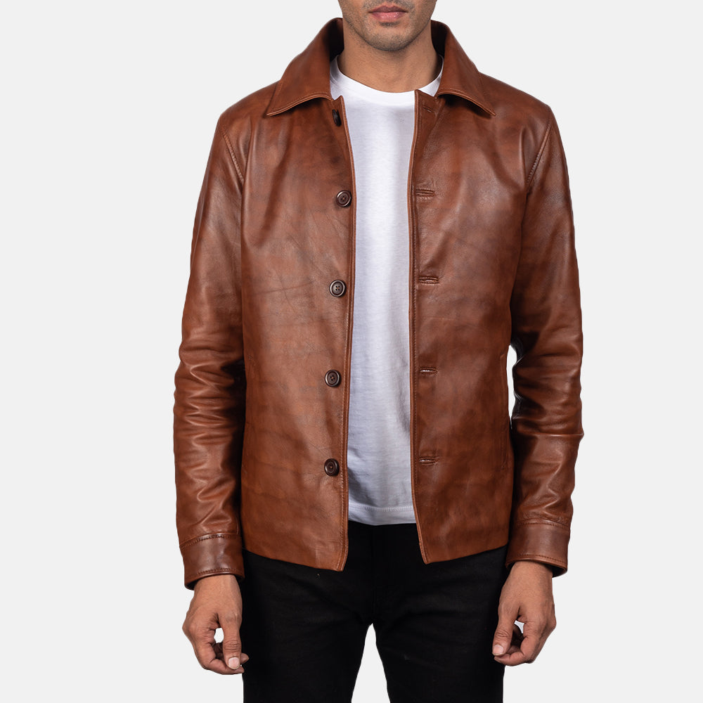 Waffle Ruskea Nahkatakki Miehille in Distressed Brown Sheepskin Burnishing - Front Profile View &amp; Tailored Silhouette | Buy Online