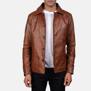 Waffle Ruskea Nahkatakki Miehille in Distressed Brown Sheepskin Burnishing - Front Profile View &amp; Tailored Silhouette | Buy Online