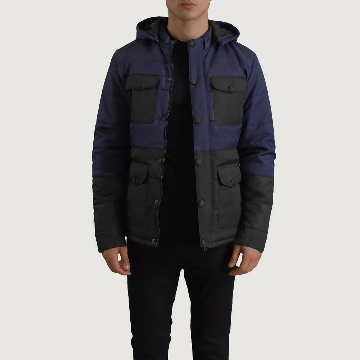 
Wayne Musta & Sininen Hooded Puffer Nahkatakki Miehille in Black + Blue Full-Grain Leather - Edestä ja räätälöity siluetti | Osta verkosta