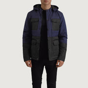 
Wayne Musta & Sininen Hooded Puffer Nahkatakki Miehille in Black + Blue Full-Grain Leather - Edestä ja räätälöity siluetti | Osta verkosta