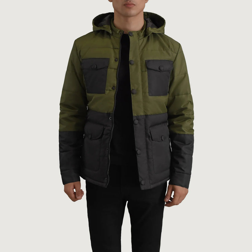 Wayne Musta & Vihreä Hooded Puffer Nahkatakki Miehille