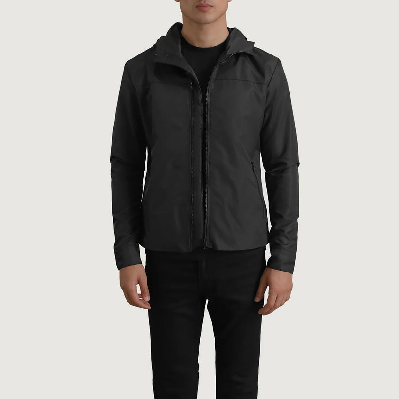 Wesley Musta Hooded Windbreaker Nahkatakki Miehille