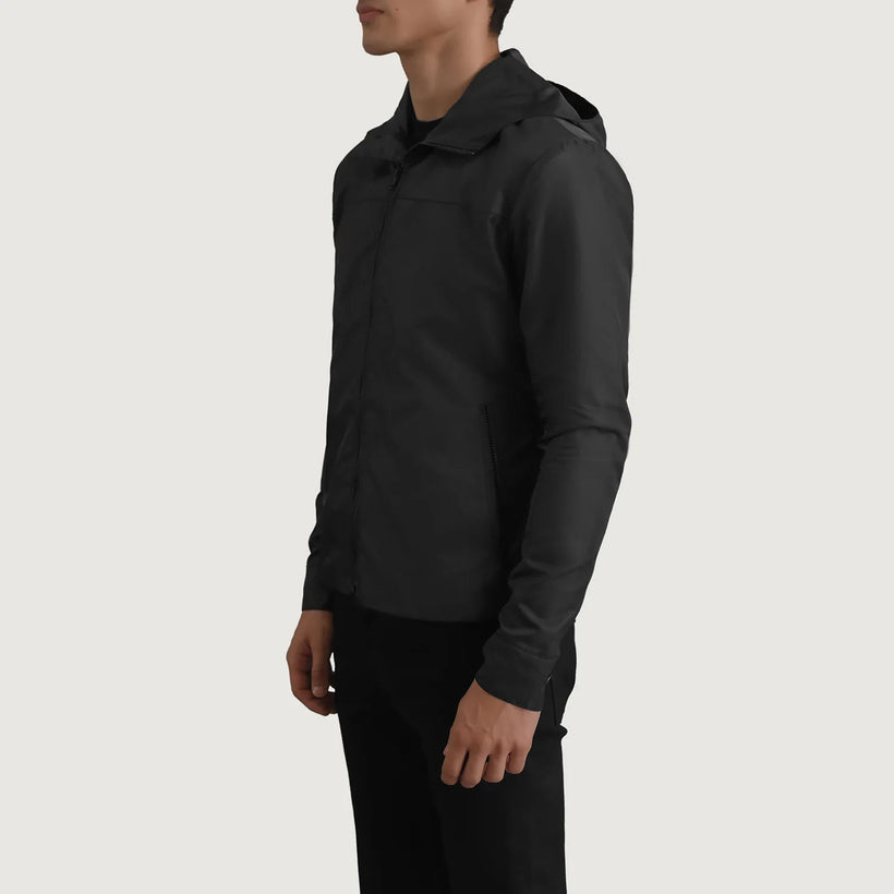 Wesley Musta Hooded Windbreaker Nahkatakki Miehille