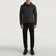 
Wesley Musta Hooded Windbreaker Nahkatakki Miehille - Sivuprofiili ergonomisella hihanleikkauksella