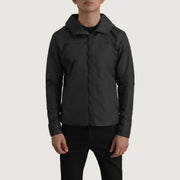 
Yksityiskohtainen lähikuva of Classic Collar & Zipper With Inside Wind Flap. Hardware on Wesley Musta Hooded Windbreaker Nahkatakki Miehille