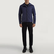 
Wesley Sininen Hooded Windbreaker Nahkatakki Miehille - Sivuprofiili ergonomisella hihanleikkauksella