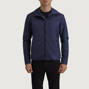 
Yksityiskohtainen lähikuva of Classic Collar & Zipper With Inside Wind Flap. Hardware on Wesley Sininen Hooded Windbreaker Nahkatakki Miehille