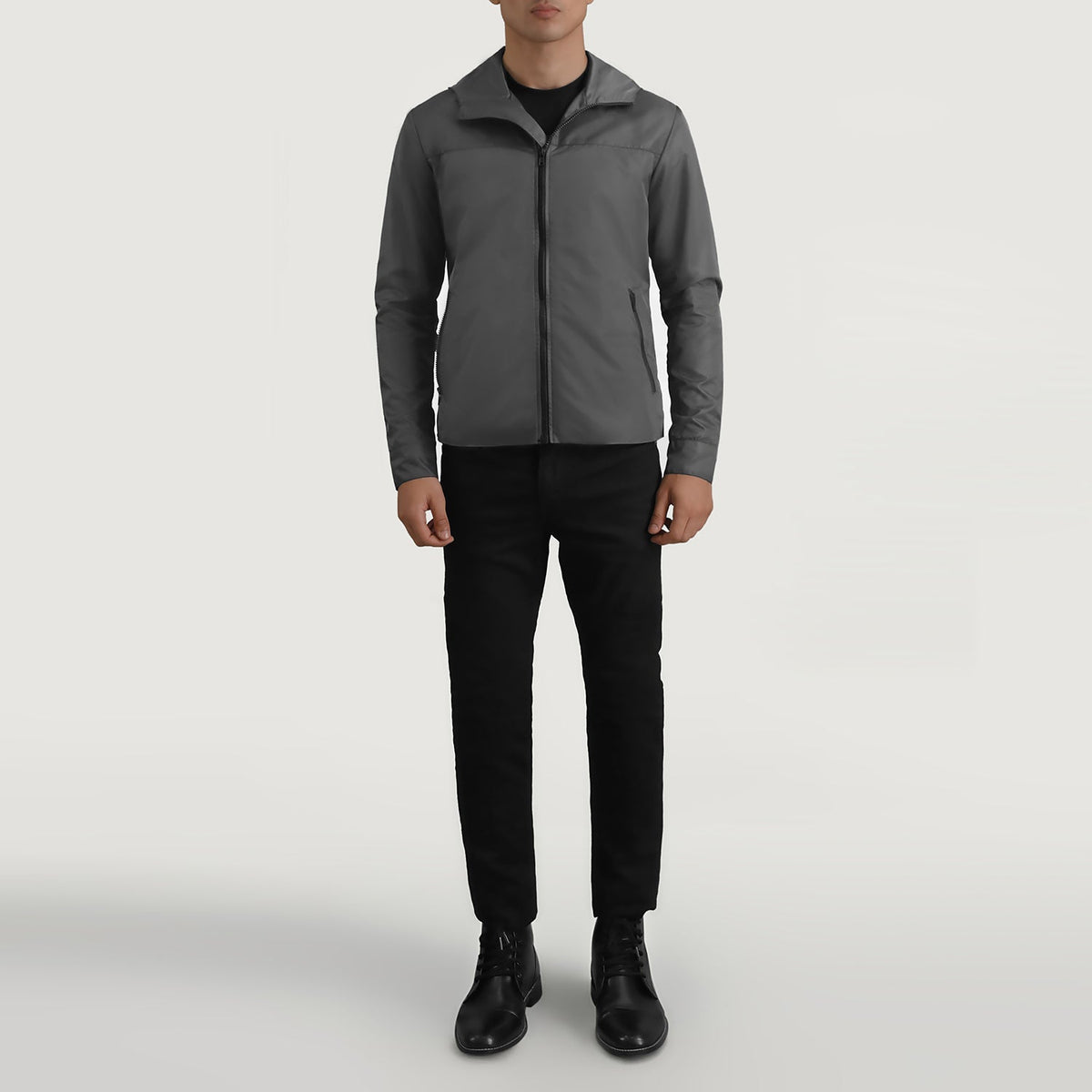 
Wesley Grey Hooded Windbreaker Nahkatakki Miehille - Sivuprofiili ergonomisella hihanleikkauksella