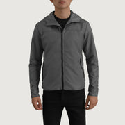 
Yksityiskohtainen lähikuva of Classic Collar & Zipper With Inside Wind Flap. Hardware on Wesley Grey Hooded Windbreaker Nahkatakki Miehille