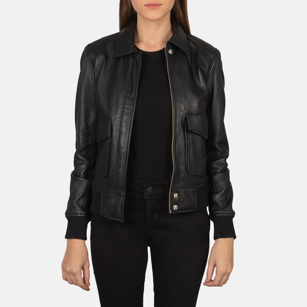Women's Westa A-2 Black Leather Bomber Jacket in Black Sheepskin Leather - Front Profile View &amp; Tailored Silhouette | Buy Online