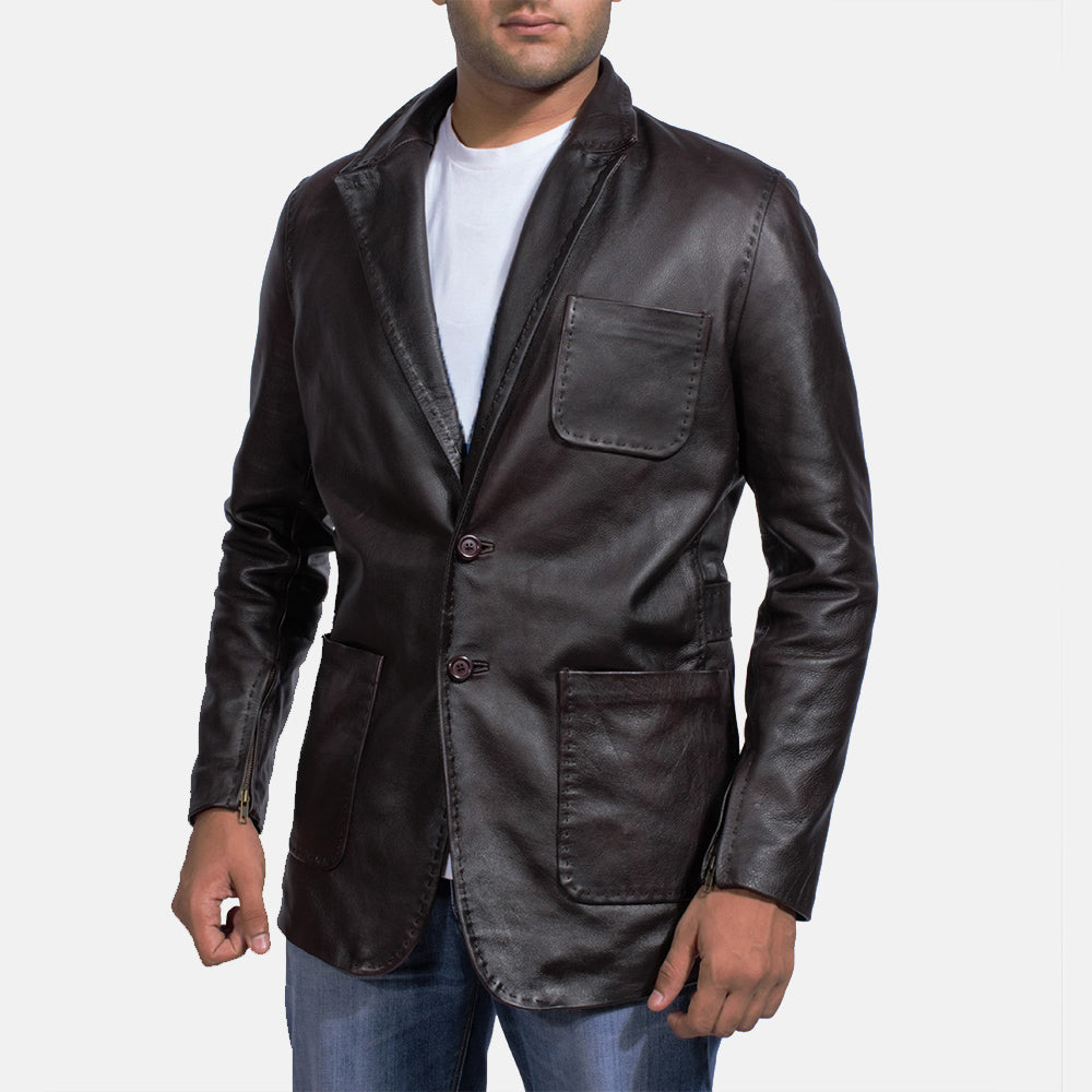 Men's Wine Musta Nahkainen Bleiseri Miehille in Dark Brown Cow Hide Leather - Front Profile View &amp; Tailored Silhouette | Buy Online
