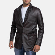 Men's Wine Musta Nahkainen Bleiseri Miehille in Dark Brown Cow Hide Leather - Front Profile View &amp; Tailored Silhouette | Buy Online