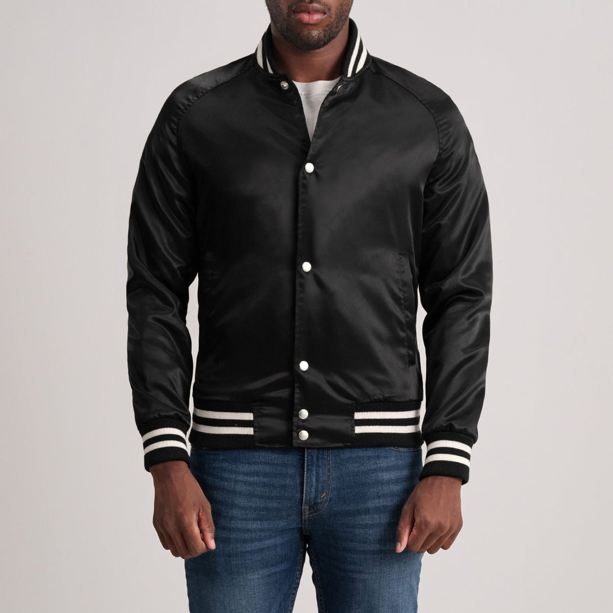 Xander Musta Varsity Nahkatakki Miehille in Black Satin - Front Profile View &amp; Tailored Silhouette | Buy Online
